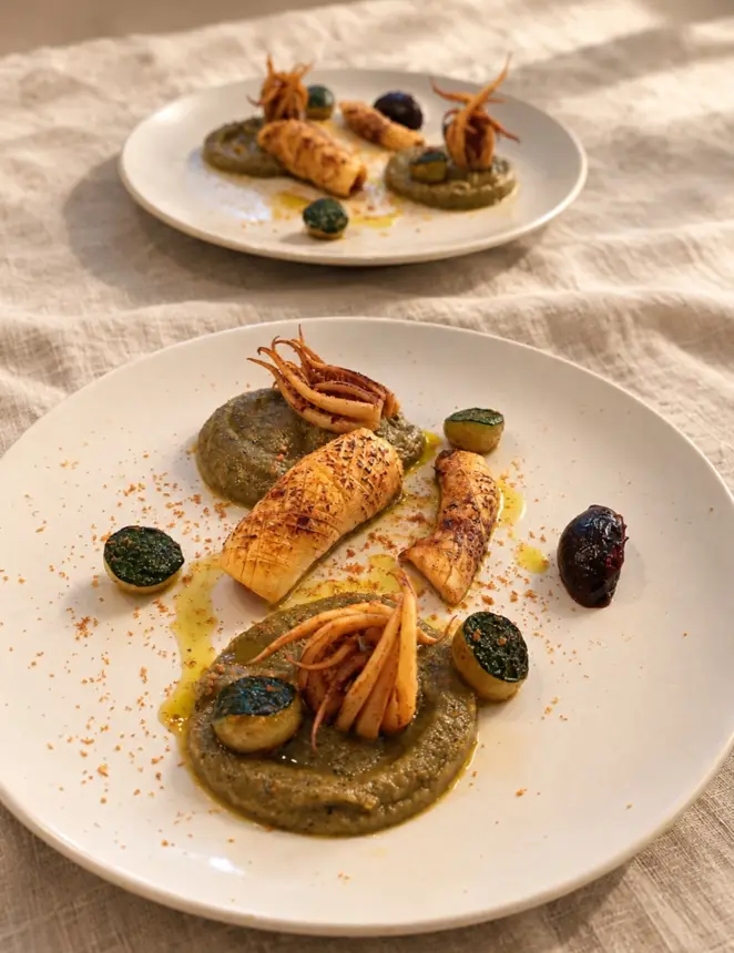 Deux assiettes de calamar à la purée d'aubergine, posées sur du lin